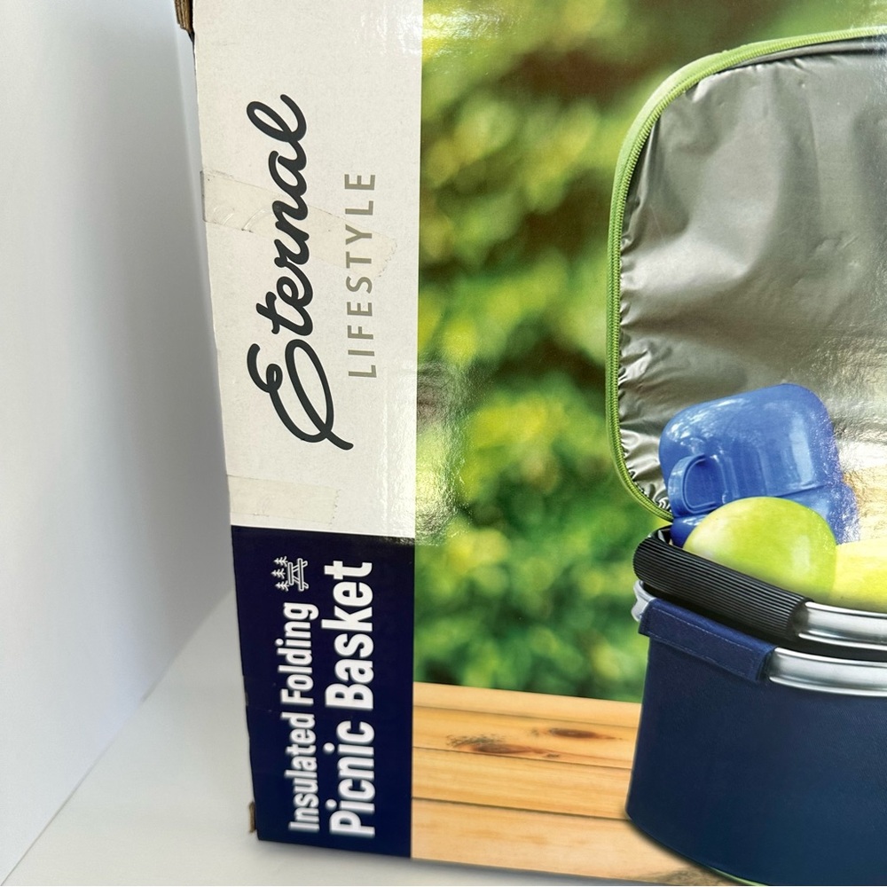 Eternal Lifestyle Insulated Folding Picnic Basket Navy Blue 18x11x14 Cooler Tote - Picture 9 of 17
